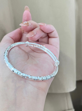 墨坊s999.9足银锤纹敲面实心纯银素圈镯子推拉可调节复古手环简约