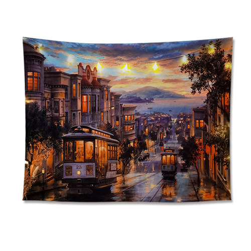 日落电车背景布ins风挂布风景卧室床头墙布宿舍墙上网红装饰画布