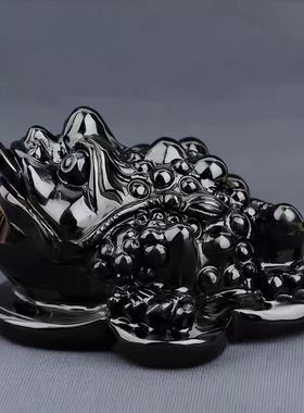 天然黑曜石招财三足玉金蟾摆件