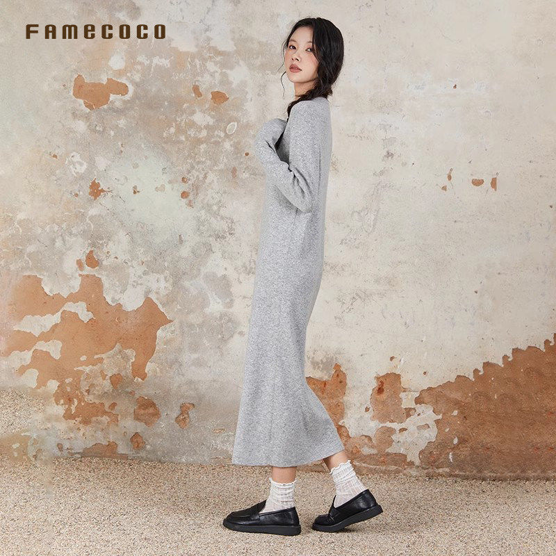 Famecoco范可儿温柔圆领针织长裙极简风修身羊毛连衣裙FAB6FA032 - 图1