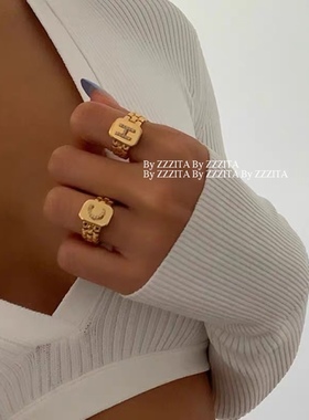 ZZZITA 法式博主同款 26英文字母镶钻戒指开口可调节欧美百搭复古