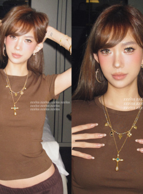 ZZZITA 上东区辣妹·Upper East Side～ins复古闪钻十字架毛衣链