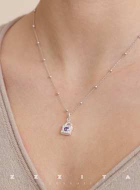 925纯银彩钻爱心镶嵌小锁项链