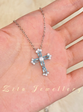 ZZZITA 海洋之星•French Charm～冰透薄荷蓝色ins闪钻十字架项链