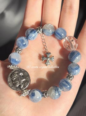 ZZZITA 原创设计十字架象神天然玉化蓝晶石白水晶藏银手串送礼物