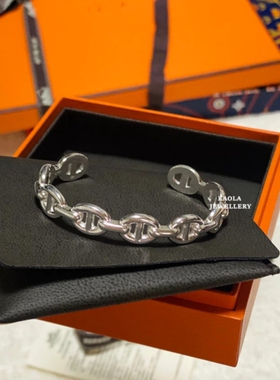 猪鼻子手镯 纯银925开口手环素银手链男女情侣款个性简约几何白金