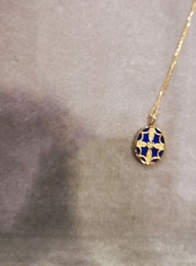 日本10K金复古风圆牌项链 女纯银椭圆蓝色青金石锁骨链土耳其石潮
