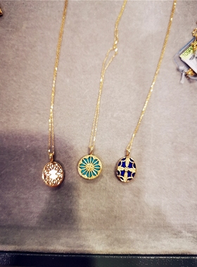 日本10K金土耳其绿松石项链 女纯银复古风蓝色青金石锁骨链圆牌潮