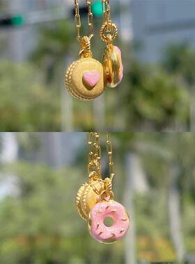 马卡龙蜜粉金爱心项链 女纯银镀黄金色下午茶甜美甜甜圈心形可爱