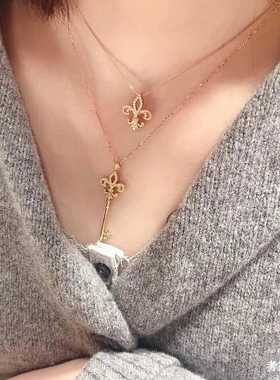 女王鸢尾花钥匙项链 女18K皇冠燕尾花锁骨链纯银黄·金毛衣链钻石
