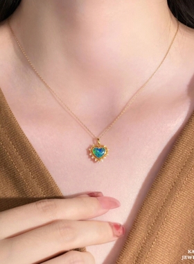 MOLGUE 9K金欧泊爱心项链 女黄·金纯银钻石爱心锁骨链个性气质潮