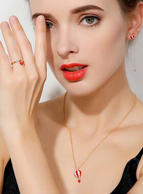 热气球戒指 女爱心形18K金黄金小红色925纯银对指环 简约百搭气质