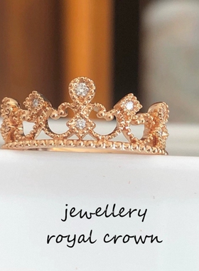 18K金V&А女王桂冠戒指女玫瑰金彩金皇冠指环纯银钻石情侣对戒ins