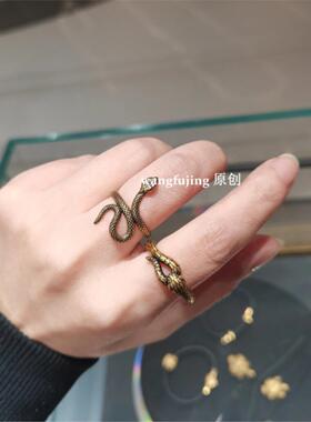 流金古埃及黑金复古蛇圈戒指 纯银镀18K金朋克小蛇男女情侣潮礼物
