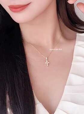 佛罗伦萨18K金鸢尾花满钻项链 女中古纯银十字架高级感情人节礼物
