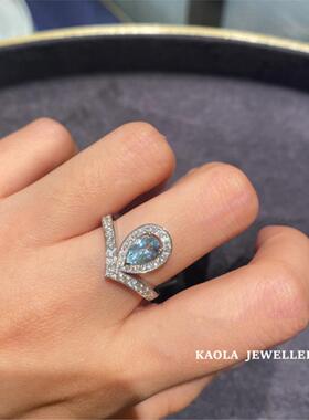 CHAMTUNT约瑟芬水滴海蓝宝戒指女白金纯银蓝宝石指环心形镶钻礼物