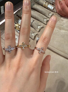 佛罗伦萨18K金鸢尾花满钻戒指 女中古纯银十字架高级感情人节礼物