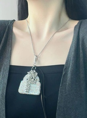 潮流设计满钻包包圆珠吊坠项链时尚轻奢夸张精致ins风毛衣链女