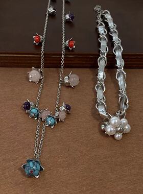 韩国ins风珍珠圆珠花朵项链时尚小众设计感锁骨链百搭项饰女