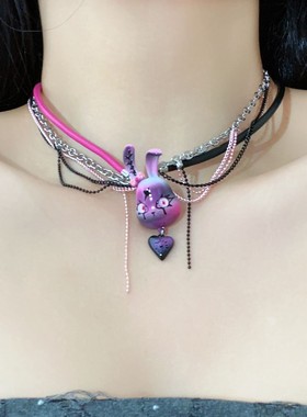 卡通可爱紫色流氓兔多层流苏项链亚文化个性甜酷辣妹高级锁骨链女