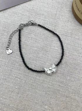 简约蝴蝶结黑色水晶串珠项链手链戒指套装时尚优雅高级小众饰品女