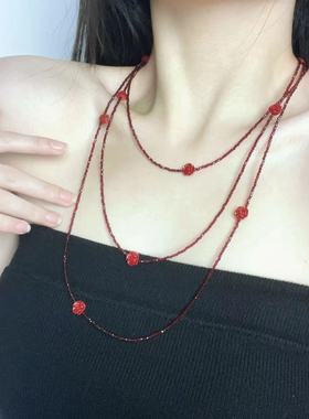 法式复古红色水晶串珠花朵叠戴项链小清新甜美优雅气质锁骨链女