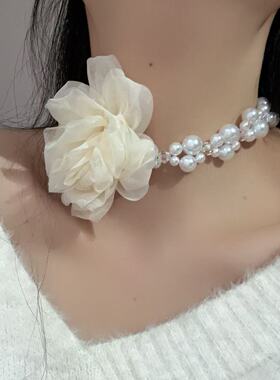 甜美优雅高级感雪纺花朵珍珠项链小清新度假风串珠锁骨链颈饰女