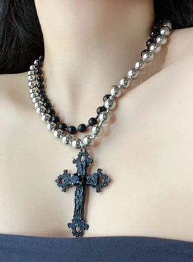 串珠哥特朋克多层夸张项链女choker叠戴复古黑色吊坠十字架卫衣链