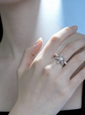 甜美田园风花朵珍珠开口可调节戒指时尚潮流高级感小众设计指环戒