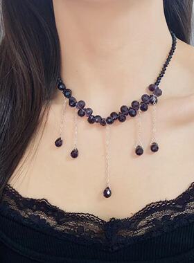 网红潮流精致黑色水晶流苏项链轻奢时尚优雅ins冷淡风锁骨链女