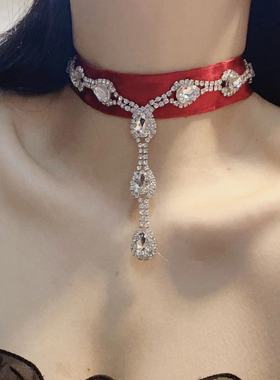 时尚轻奢超闪水钻流苏布艺项链法式优雅淑女气质高级感锁骨链新款