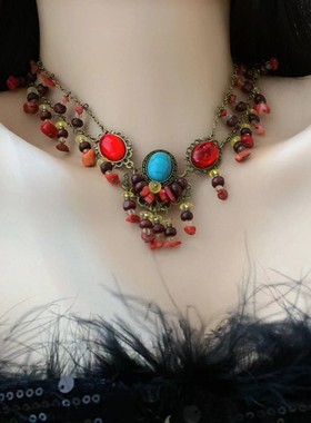 西域民族风绿松石串珠流苏项链耳环复古新中式优雅气质ins风饰品