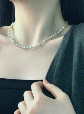 时尚轻奢淑女镶钻珍珠几何项链复古典雅高级简约潮流锁骨链新款潮