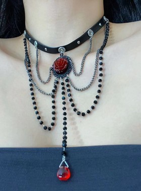 甜酷辣妹红色玫瑰花流苏项圈颈链女chocke个性滴血水滴吊坠项链潮