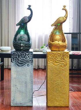 孔雀招财风水创意客厅家居装饰品鱼缸摆件流水喷泉加湿器开业礼品