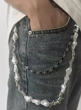金属珍珠腰链男配饰y2k复古朋克流苏裤链女美式嘻哈