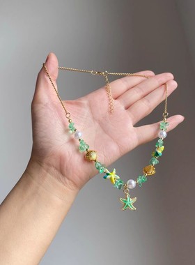 绿色海星贝壳串珠项链女款2025新款夏天海边度假锁骨链颈链女