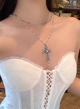 甜酷个性双层叠戴水晶串珠十字架项链女小众设计y2k辣妹风锁骨链