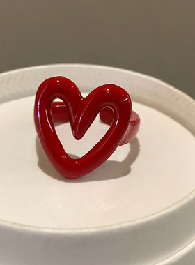 安可拉红色爱心戒指女小众设计简约可调节指环复古显白精致食指戒
