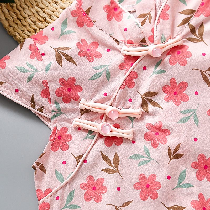 女童旗袍连衣裙夏装六一新款儿童中式裙子国风公主裙宝宝粉色小花 - 图1