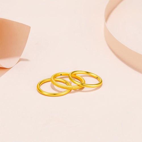 周六福3D硬金黄金单个戒指女足金小清新女款手饰三生三世定价素戒 - 图1