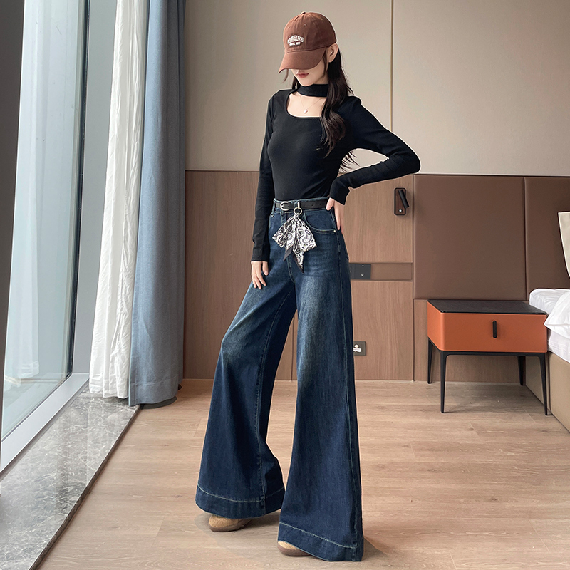 复古蓝高腰阔腿喇叭牛仔裤女2025秋季新款显瘦宽松时尚潮流拖地裤 - 图3