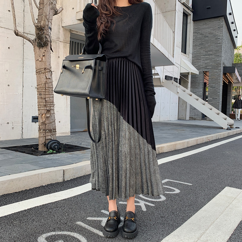 毛呢中长款丝绒拼接秋冬复古半身裙 迷样女子半身裙