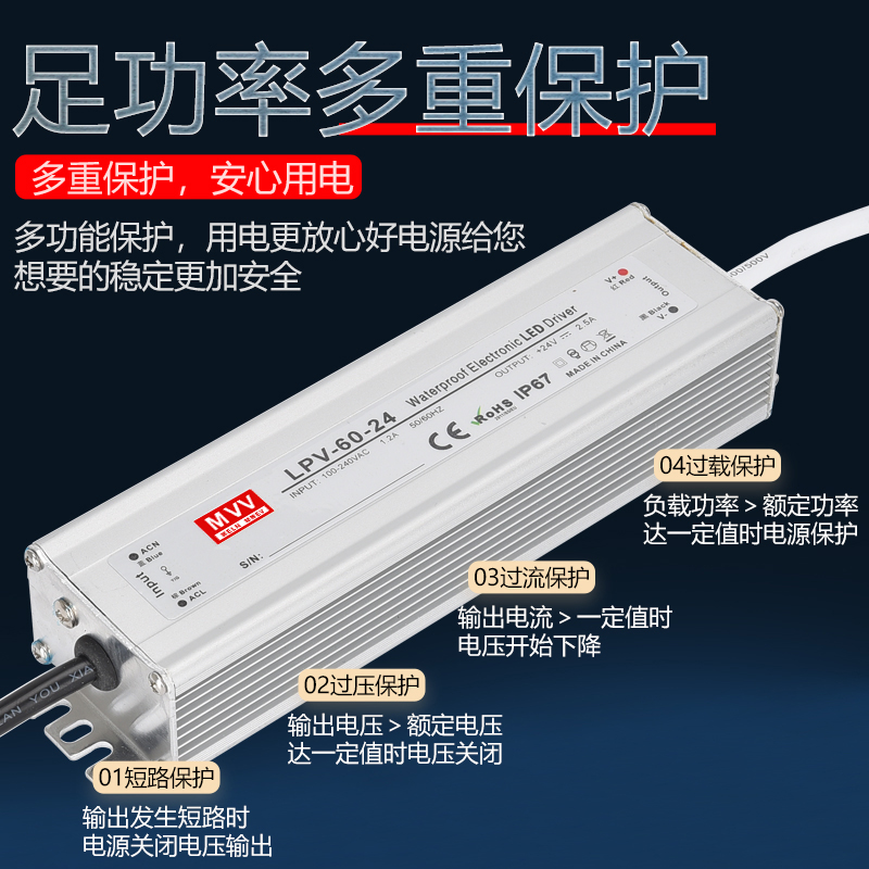 明纬防水开关电源220转24V 12V36V48VA直流LED户外变压器350W400W