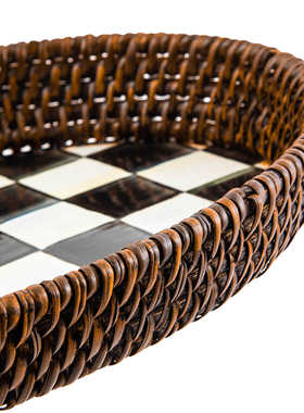 现 纽约下城公园进口夏日的微风黑白格子藤条手工编织装饰托盘