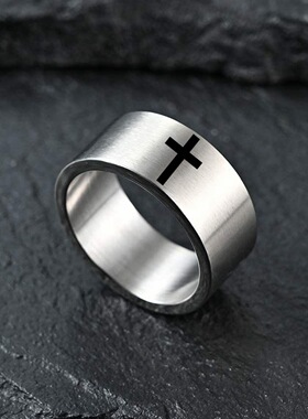 10mm宽激光镭射简约钛钢十字架戒指男士沙面高级感小众戒指指环
