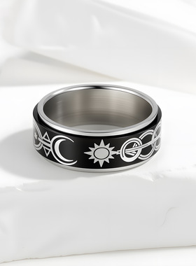 新款钛钢永恒星星月亮指环男女同款可旋转减压戒指男潮流百搭首饰