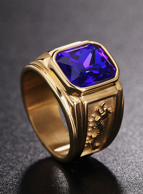 个性复古金色双龙宝石戒指男戒