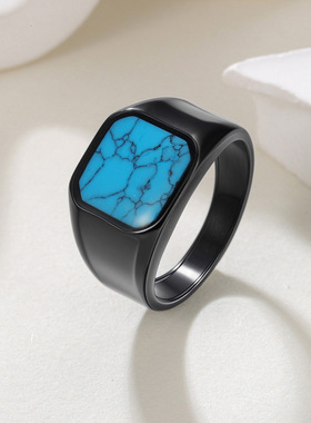 2025亚马逊热销新款饰品个性复古男士绿松石钛钢戒指指环情侣首饰