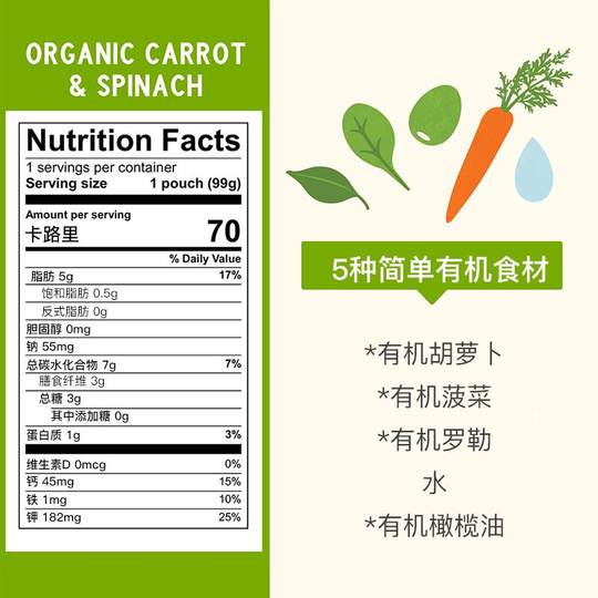 Puré de alimento complementario vegetal orgánico importado para bebés de Estados Unidos